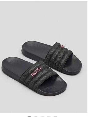 NWOT Roxy Girls Slippy Waterproof Slides Black with Pink Logo Accent
